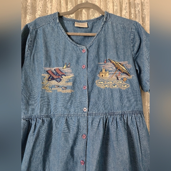 Vintage 90s East West Embroidered Denim Dress | Size M - Picture 3 of 10